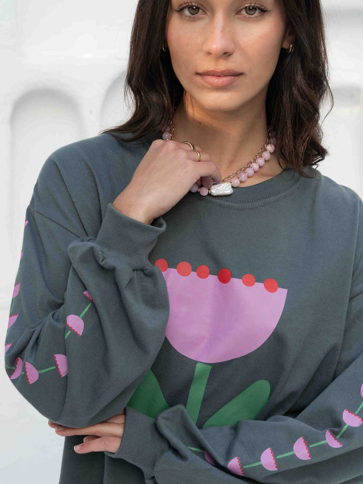 Hall Store Oversized Long Sleeve Floral Bloom Tee Charcoal Meadow Store