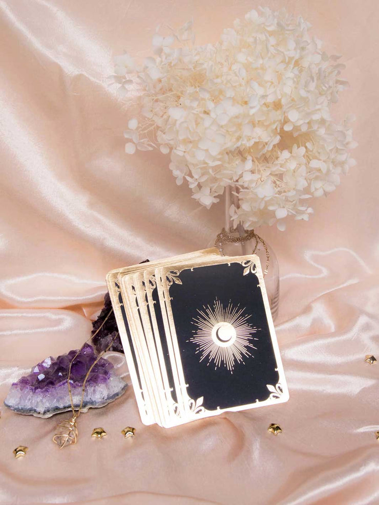 Soul Whispers Card Deck in Black with Gold Sun Design Foiled Details