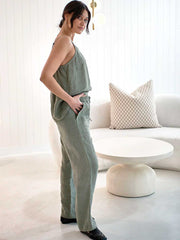 Eadie Lifestyle Fundamental Linen Wide Leg Pants Elastic Waist Pistachio Green Meadow Store