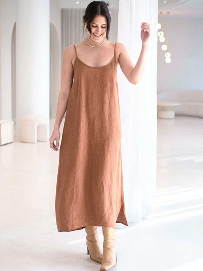 Eadie Lifestyle Fundamental Linen Midi Dress Nutmeg Tan Meadow Store