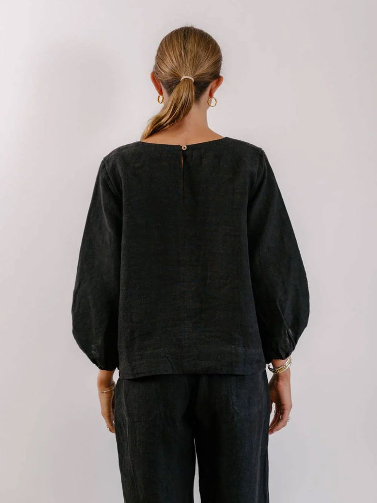 A woman viewed from the back wearing a loose black long-sleeve top with balloon sleeves and matching dark pants, standing against a plain light gray studio background.