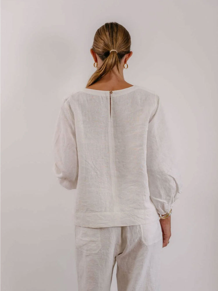 A woman viewed from behind wearing a loose white linen top and matching white pants against a plain light background.