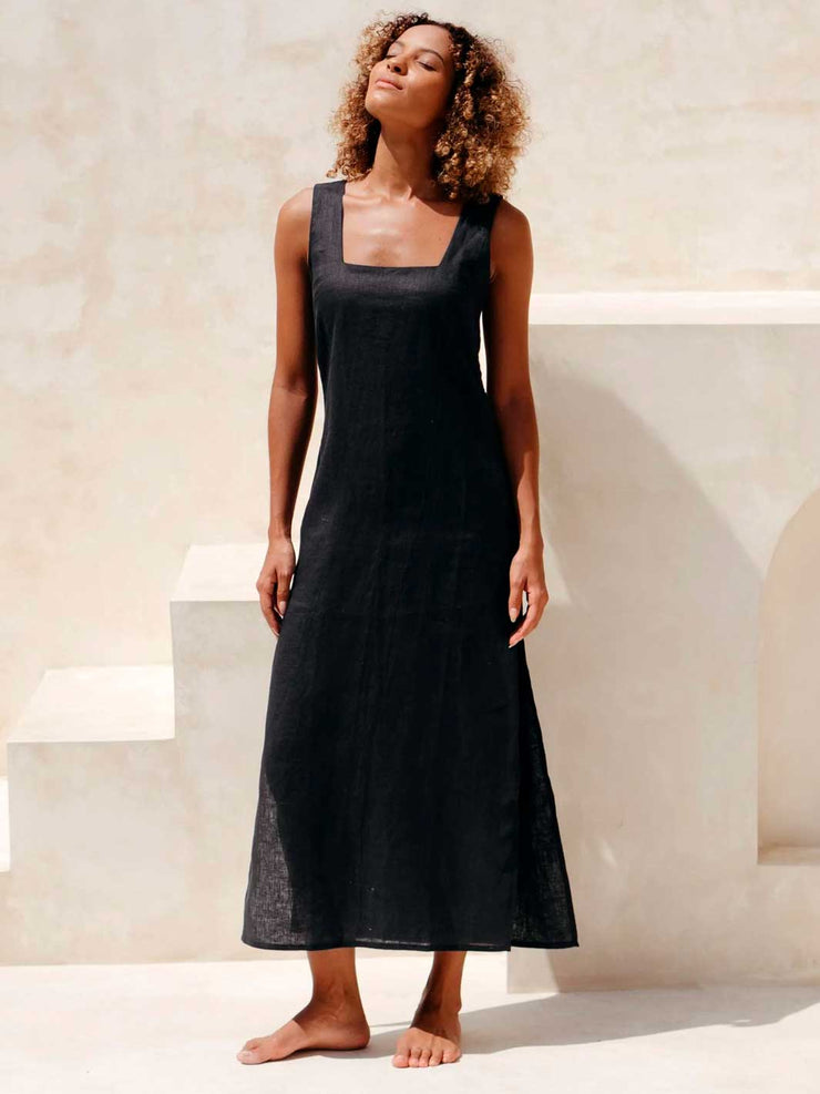 Free the Label Elba Linen Square Neck Maxi Dress with Slits Black Meadow Store