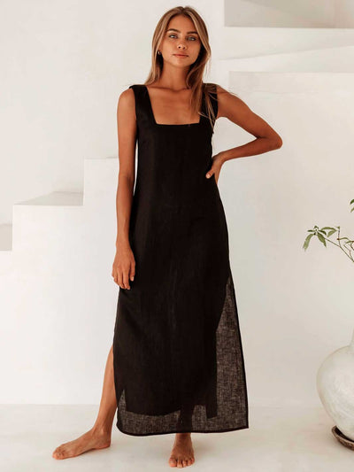 Free the Label Elba Linen Square Neck Maxi Dress with Slits Black Meadow Store