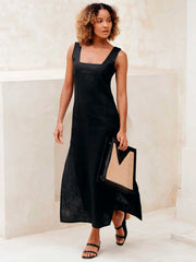 Free the Label Elba Linen Square Neck Maxi Dress with Slits Black Meadow Store