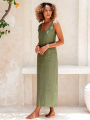 Free the Label Elba Square Neck Maxi Linen Dress Sage Green Meadow Store