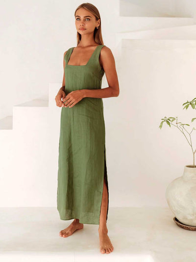 Free the Label Elba Square Neck Maxi Linen Dress Sage Green Meadow Store