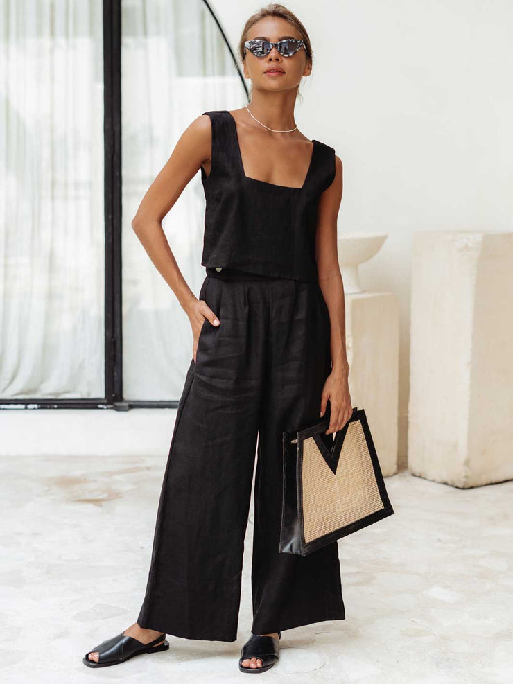 Free the Label Square Neck Crop Tank Top Black Linen Meadow Store