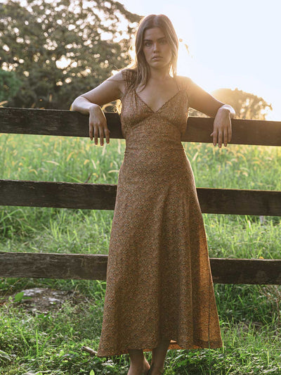 Golden Brown the Label-Crimson and Clover Earthy Floral Maxi Dress Meadow Store