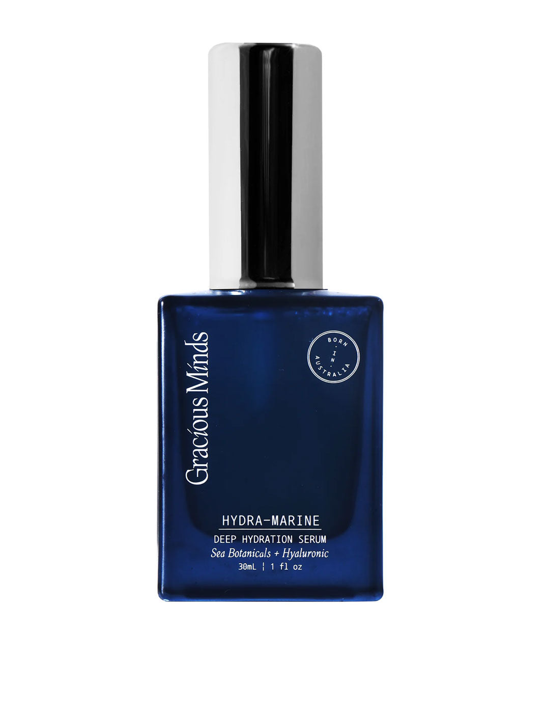 A bottle of Gracious Minds Hydra-Marine Deep Hydration Serum, featuring a deep blue glass bottle and a reflective silver cap, set against a plain white background.
