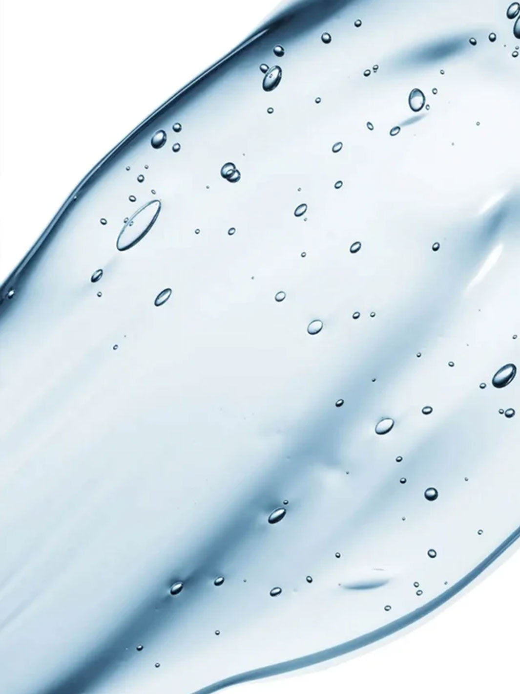 A close-up of a translucent light blue gel serum with scattered small bubbles on a white background.