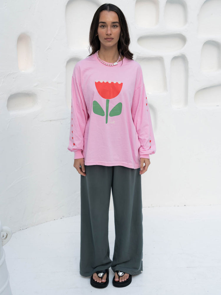 Hall Store Oversized Long Sleeve Floral Bloom Tee Pink Meadow Store