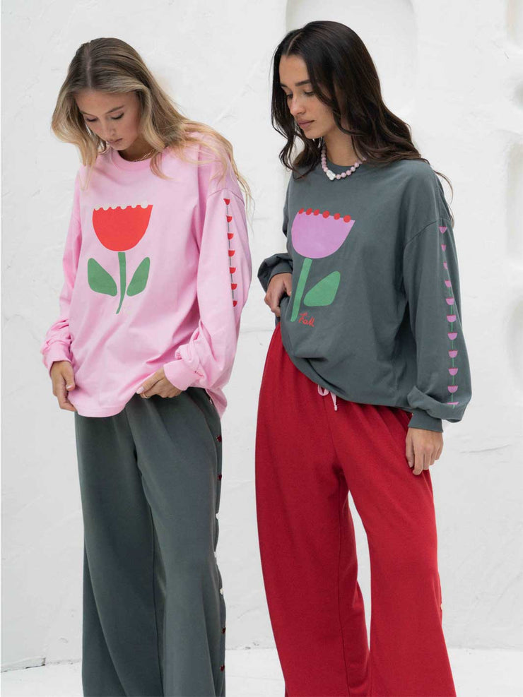 Hall Store Oversized Long Sleeve Floral Bloom Tee Pink Meadow Store