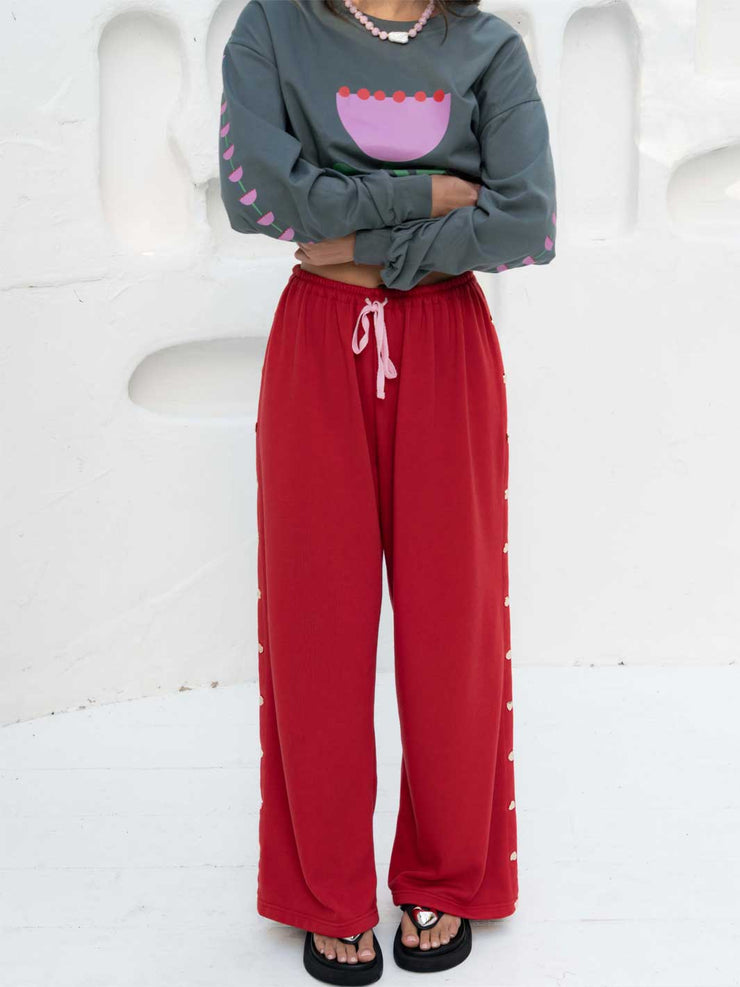 Hall Store Bobbi Tracksuit Pant Red With Heart Snap Studs On Side Seams Meadow Store