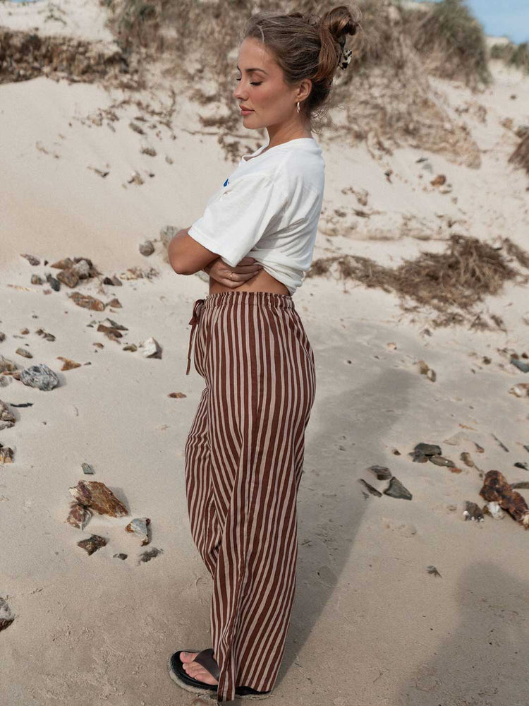Hall Store Holiday Striped Chocolate Brown and Beige Wide Straight Leg Pant with Elasticated Waist Meadow Store. 