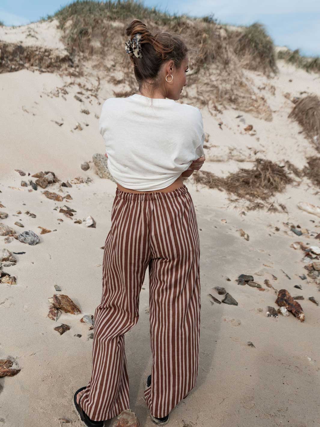 Hall Store Holiday Striped Chocolate Brown and Beige Wide Straight Leg Pant with Elasticated Waist Meadow Store. 