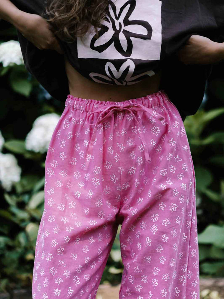 Hall Store Bobbi Elastic High Waist Pant Fleur Floral Print Candy Pink and White Meadow Store