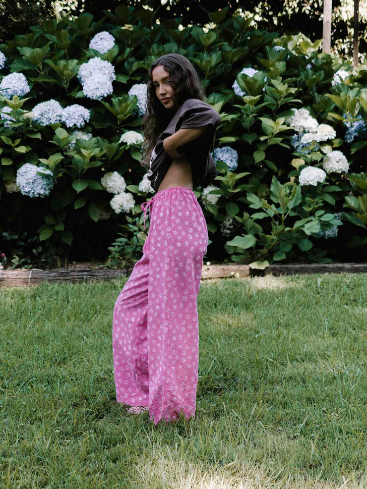 Hall Store Bobbi Elastic High Waist Pant Fleur Floral Print Candy Pink and White Meadow Store