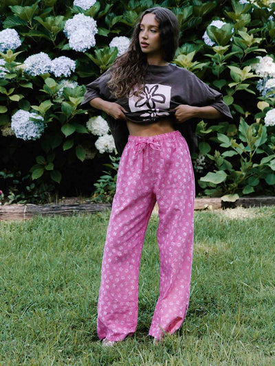Hall Store Bobbi Elastic High Waist Pant Fleur Floral Print Candy Pink and White Meadow Store