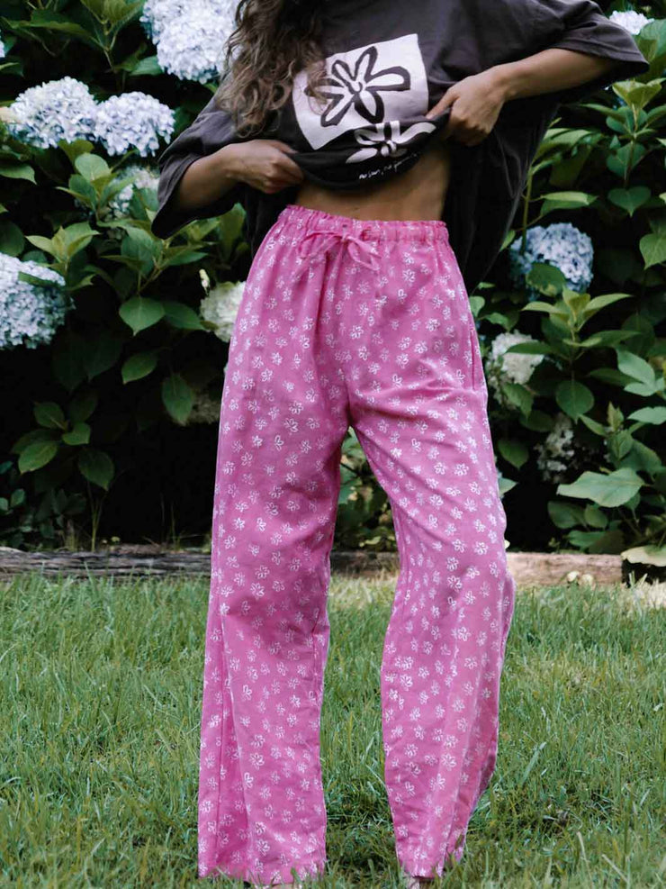 Hall Store Bobbi Elastic High Waist Pant Fleur Floral Print Candy Pink and White Meadow Store