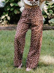 Hall Store Bobbi Elastic High Waist Loose Leg Pant Mocha Fleur Print Meadow Store