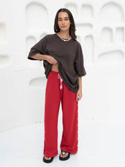 Hall Store Bobbi Tracksuit Pant Red With Heart Snap Studs On Side Seams Meadow Store