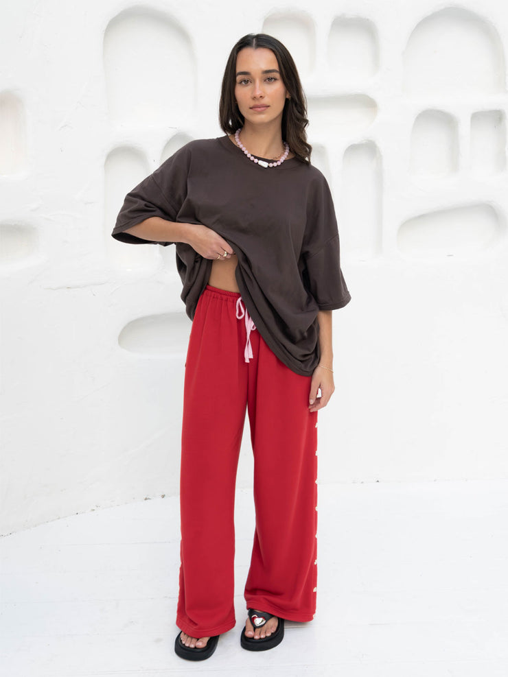 Hall Store Bobbi Tracksuit Pant Red With Heart Snap Studs On Side Seams Meadow Store