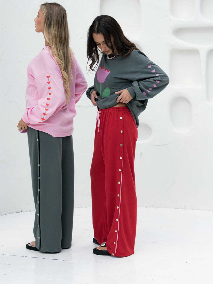 Hall Store Bobbi Tracksuit Pant Red With Heart Snap Studs On Side Seams Meadow Store
