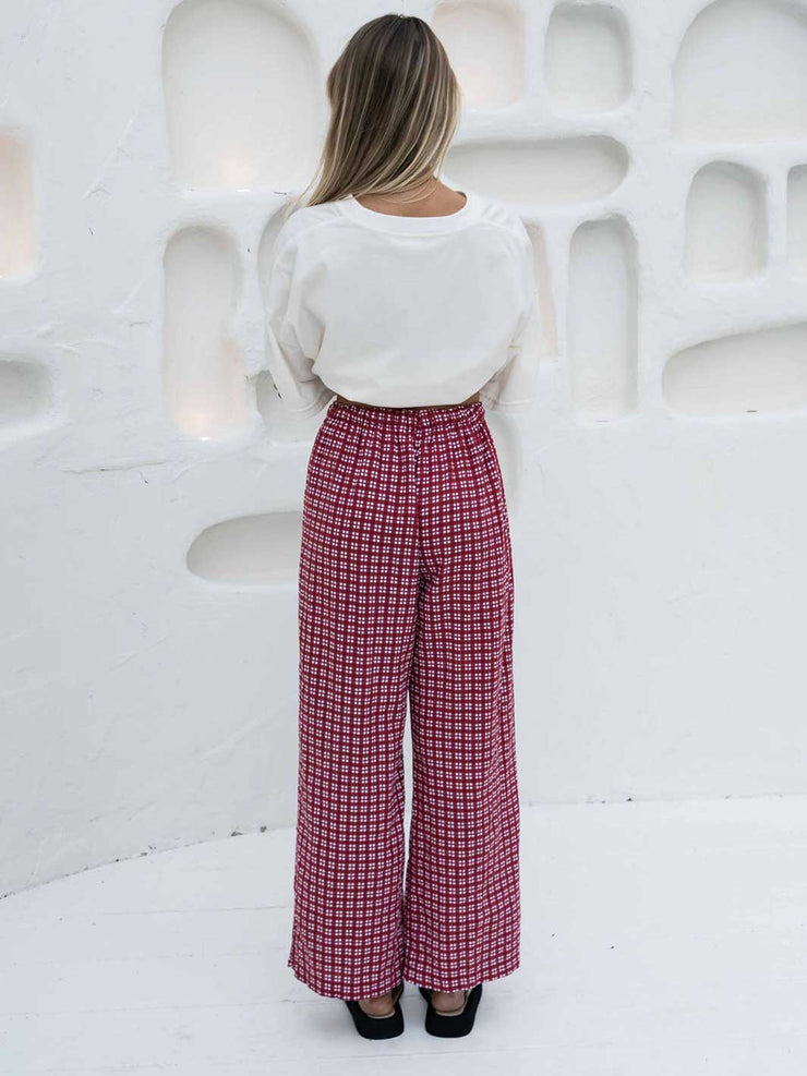 Hall Store Bobbi Pant Merlot Red and White Gingham Wide Leg Elasticated Pant Meadow Store