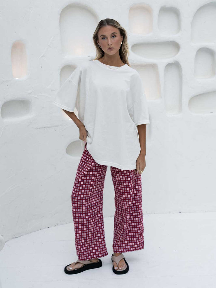 Hall Store Bobbi Pant Merlot Red and White Gingham Wide Leg Elasticated Pant Meadow Store