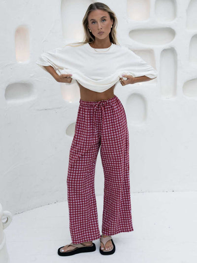 Hall Store Bobbi Pant Merlot Red and White Gingham Wide Leg Elasticated Pant Meadow Store