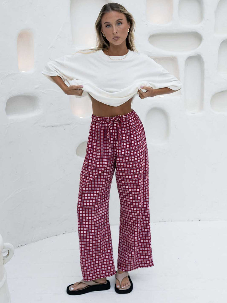 Hall Store Bobbi Pant Merlot Red and White Gingham Wide Leg Elasticated Pant Meadow Store