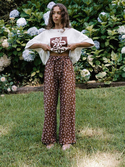 Hall Store Bobbi Elastic High Waist Loose Leg Pant Mocha Fleur Print Meadow Store