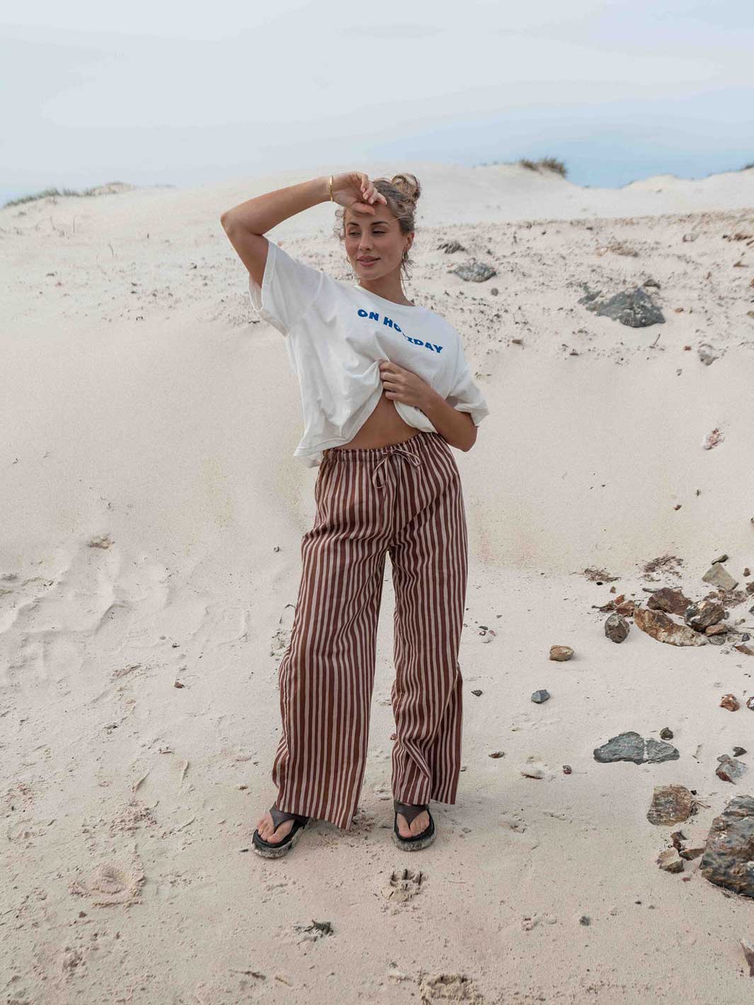 Hall Store Holiday Striped Chocolate Brown and Beige Wide Straight Leg Pant with Elasticated Waist Meadow Store. 
