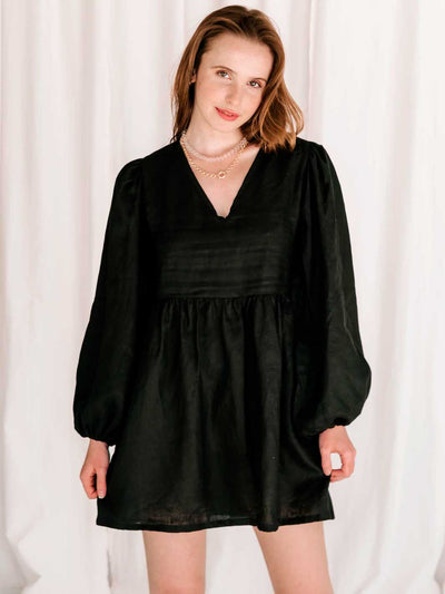 Hall Store Florence Linen Mini Dress V Neck Long Sleeve Black Meadow Store