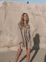 Hall Store Le Vichy Freddi Smock Dress Mocha Brown Gingham Tie Front Mini Meadow Store