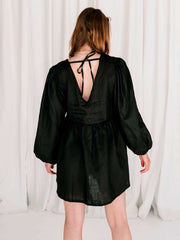 Hall Store Florence Linen Mini Dress V Neck Long Sleeve Black Meadow Store