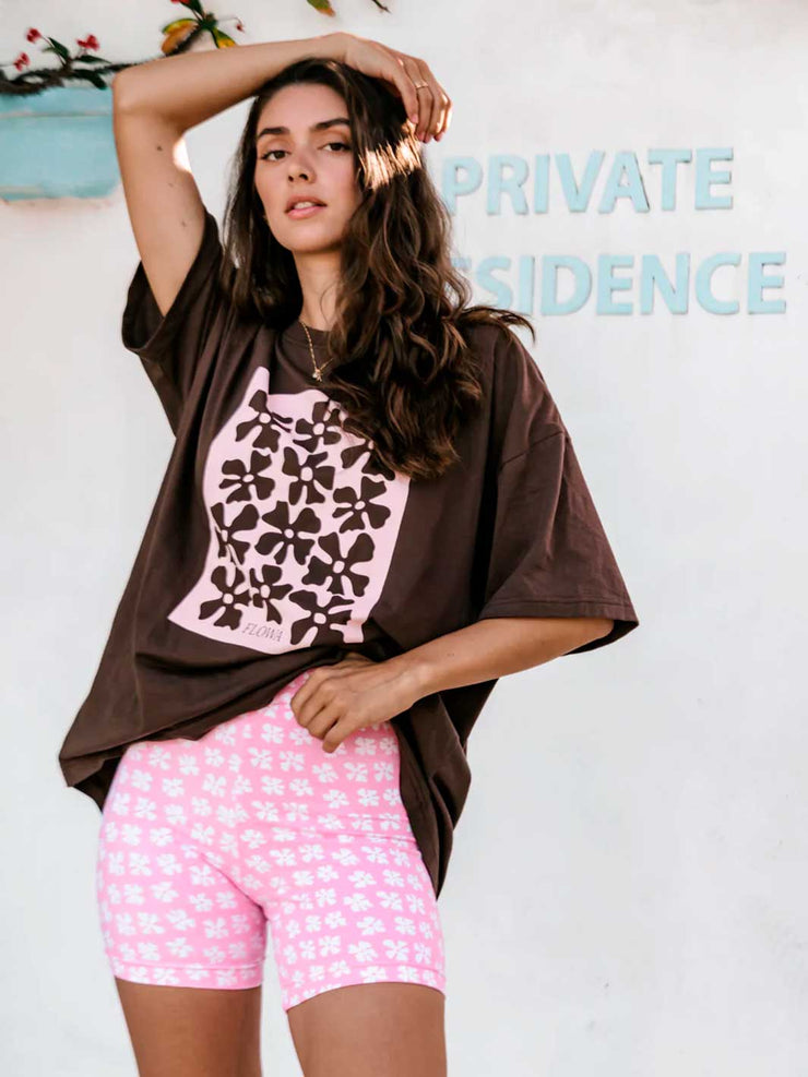 Hall Store Oversized Retro Tee Chocolate Pink Floral Print Meadow Store
