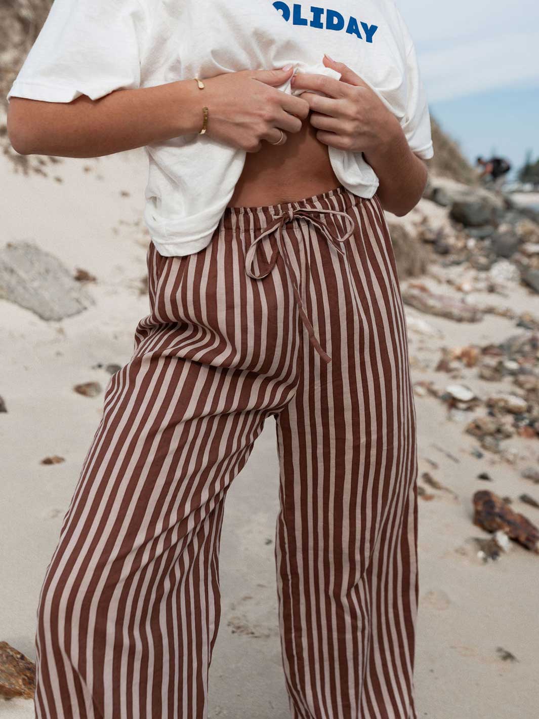 Hall Store Holiday Striped Chocolate Brown and Beige Wide Straight Leg Pant with Elasticated Waist Meadow Store. 
