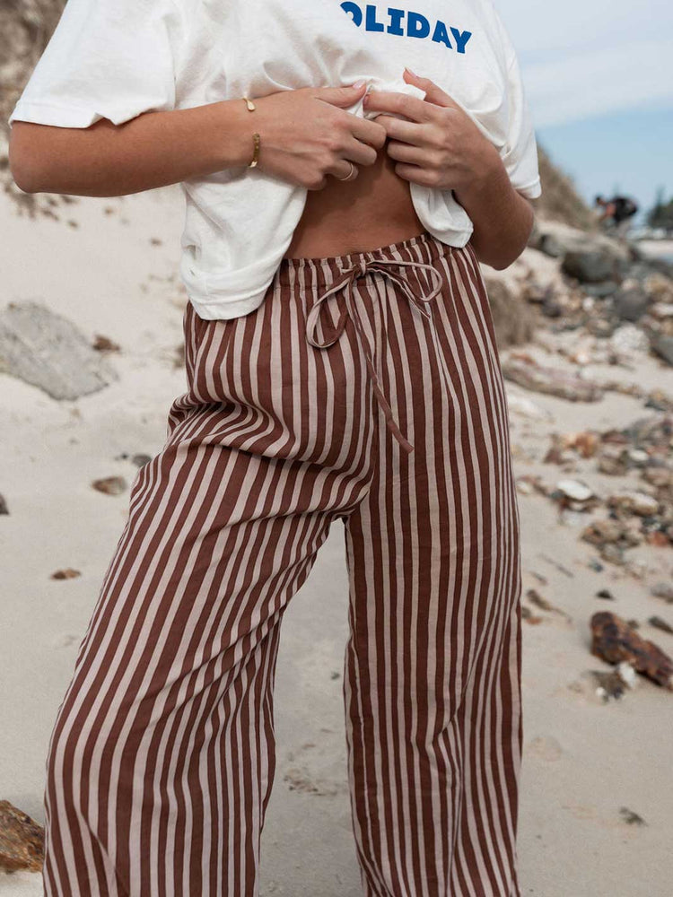 Hall Store Holiday Striped Chocolate Brown and Beige Wide Straight Leg Pant with Elasticated Waist Meadow Store. 