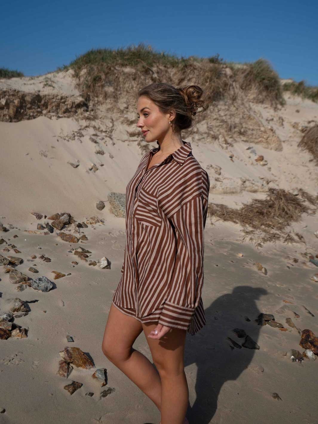 Hall Store Holiday Striped Chocolate Brown and Beige Oversized Shirt with Pocket and Shell Buttons Meadow Store