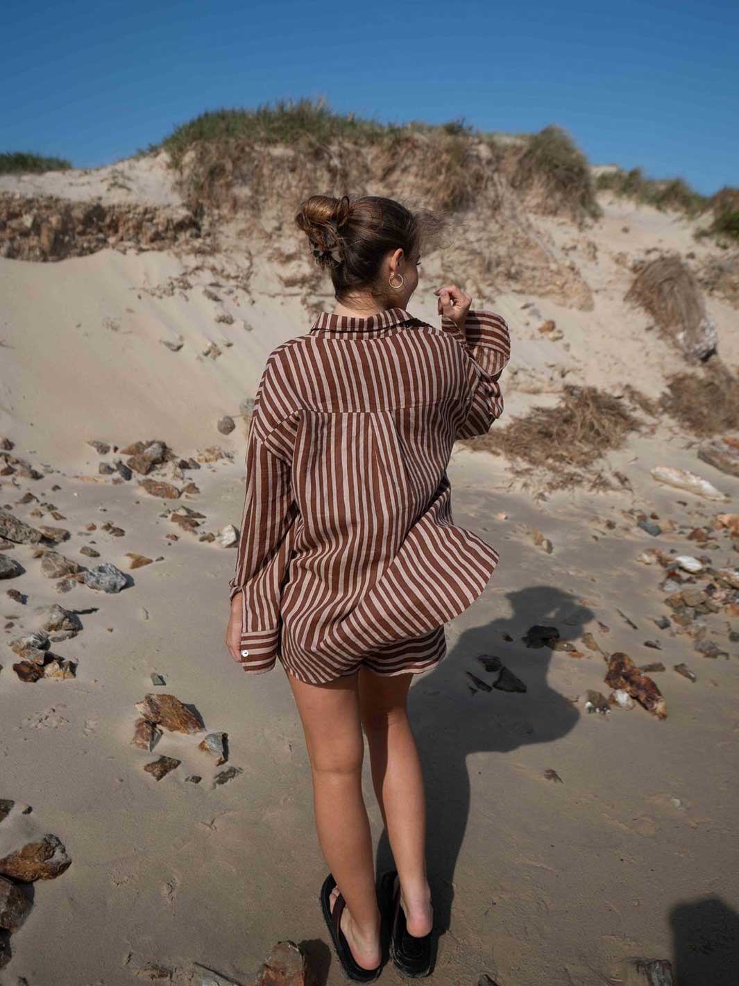 Hall Store Holiday Striped Chocolate Brown and Beige Oversized Shirt with Pocket and Shell Buttons Meadow Store