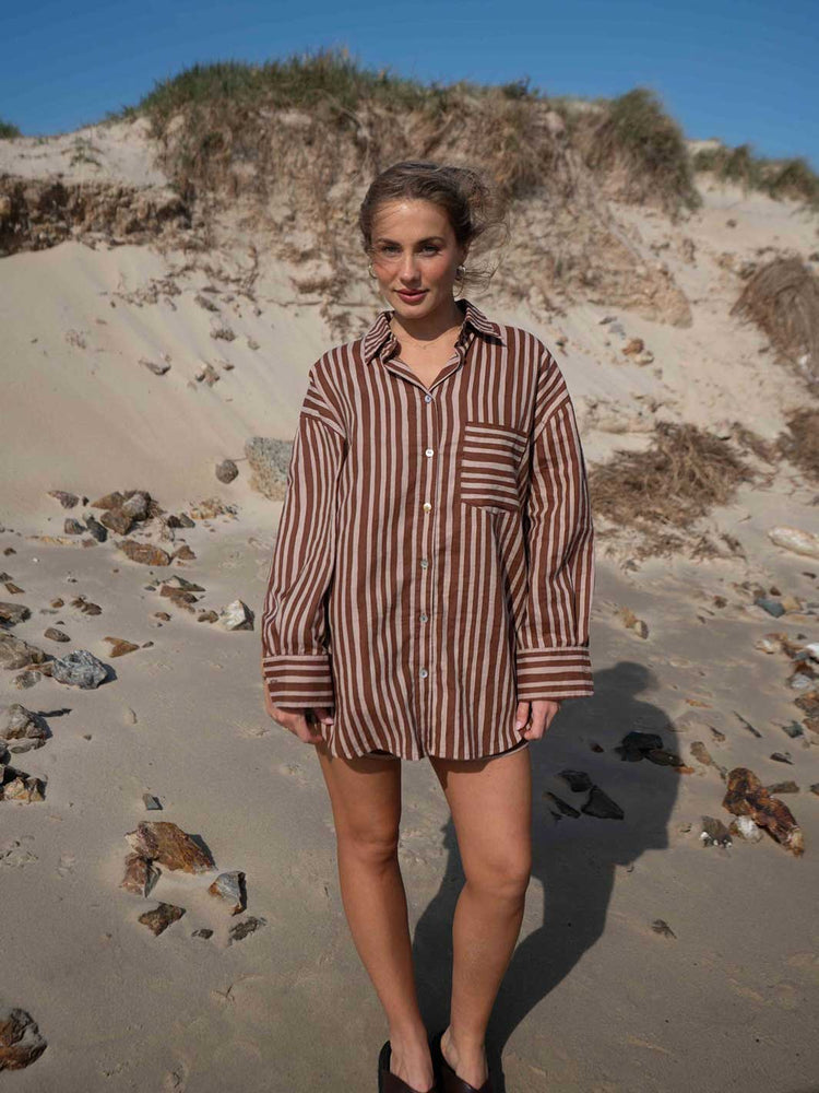 Hall Store Holiday Striped Chocolate Brown and Beige Oversized Shirt with Pocket and Shell Buttons Meadow Store
