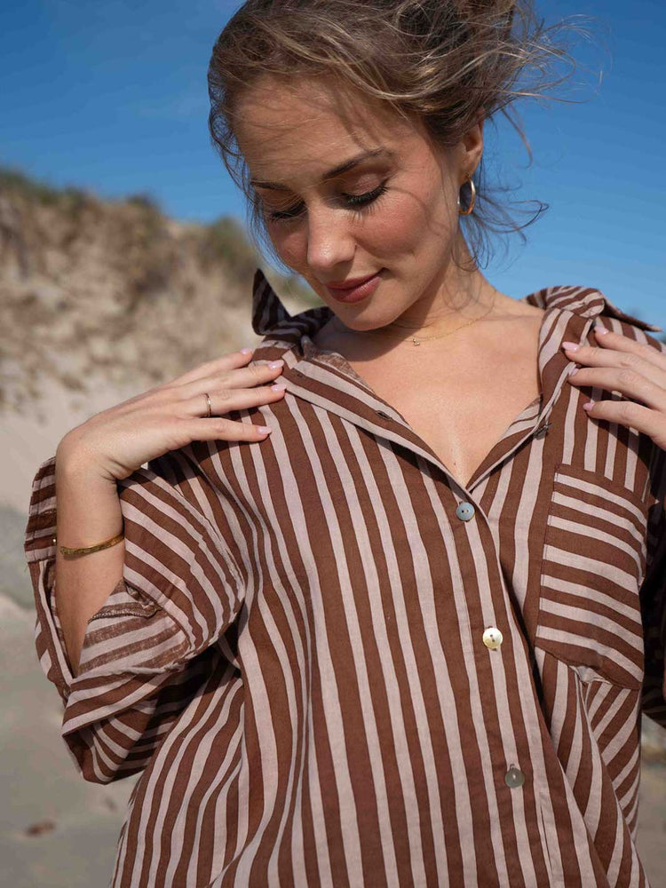 Hall Store Holiday Striped Chocolate Brown and Beige Oversized Shirt with Pocket and Shell Buttons Meadow Store