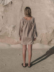 Hall Store Le Vichy Freddi Smock Dress Mocha Brown Gingham Tie Front Mini Meadow Store