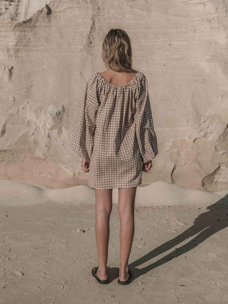 Hall Store Le Vichy Freddi Smock Dress Mocha Brown Gingham Tie Front Mini Meadow Store
