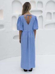 Hall Store Margaux V Neck Midi/Maxi Dress Cobalt Blue and White Gingham. Button Front. Empire Line. Meadow Store