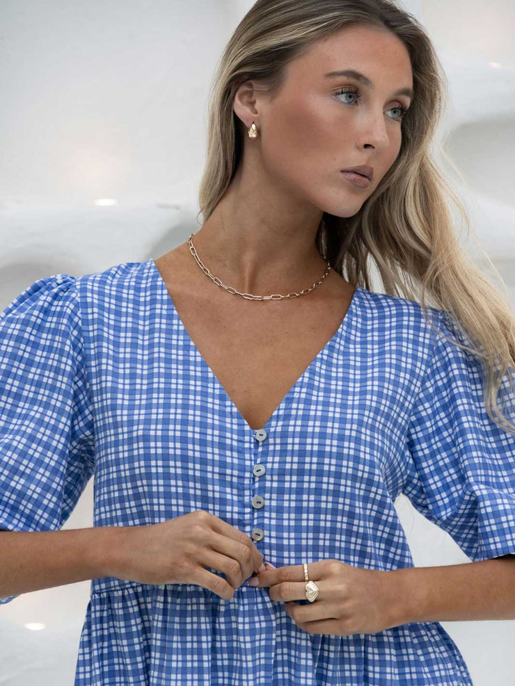 Hall Store Margaux V Neck Midi/Maxi Dress Cobalt Blue and White Gingham. Button Front. Empire Line. Meadow Store