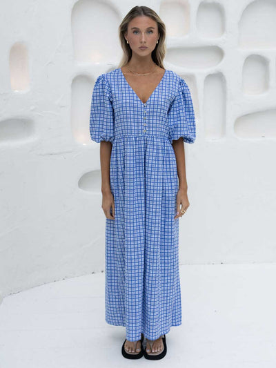 Hall Store Margaux V Neck Midi/Maxi Dress Cobalt Blue and White Gingham. Button Front. Empire Line. Meadow Store