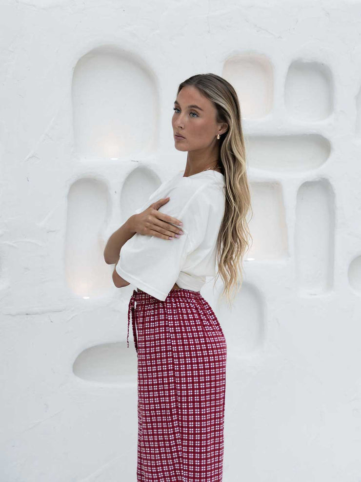 Hall Store Bobbi Pant Merlot Red and White Gingham Wide Leg Elasticated Pant Meadow Store